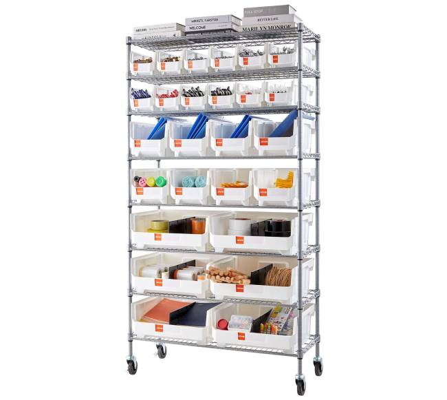 8 lygių riedantis laikymo stelažas su 26 dėžutėmis8