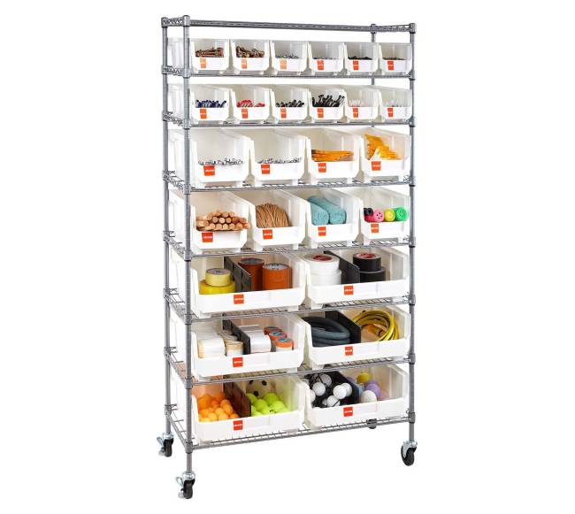 8 lygių riedantis laikymo stelažas su 26 dėžutėmis10