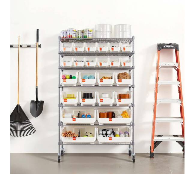 7 lygių riedančių dėžių laikiklis su 24 dėžėmis7