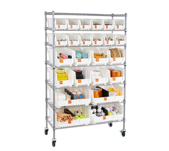 7 lygių riedančių dėžių laikiklis su 24 dėžėmis10