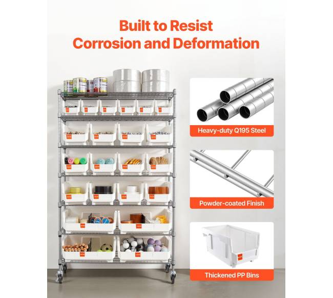 7 pakopų ratinis laikymo stelažas su 22 dėžėmis5