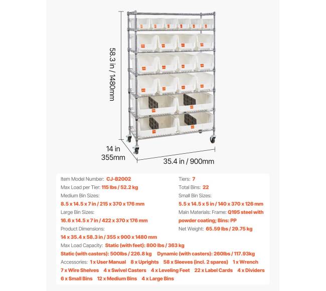 7 pakopų ratinis laikymo stelažas su 22 dėžėmis6