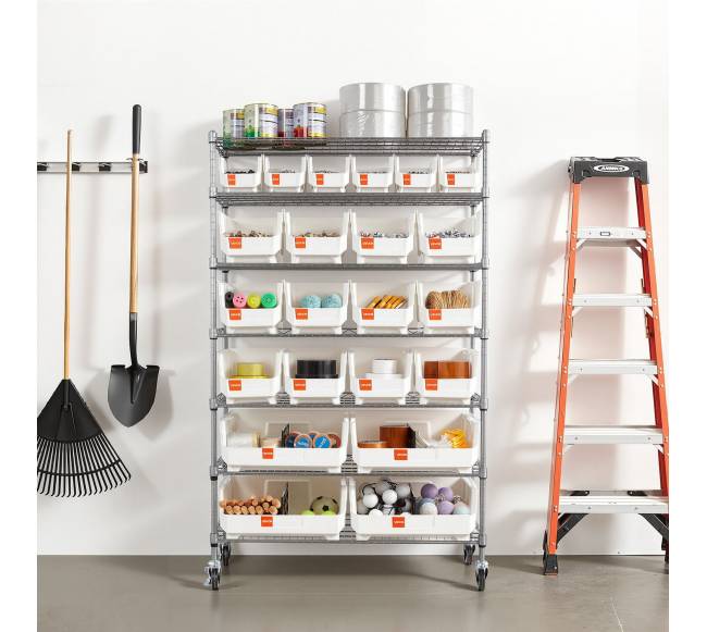 7 pakopų ratinis laikymo stelažas su 22 dėžėmis7