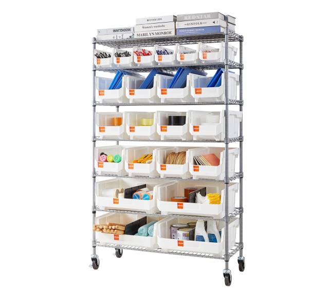 7 pakopų ratinis laikymo stelažas su 22 dėžėmis8