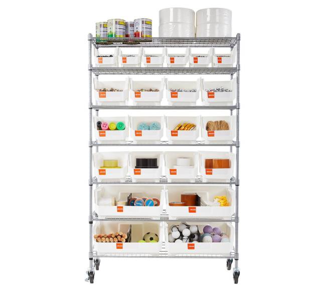 7 pakopų ratinis laikymo stelažas su 22 dėžėmis9