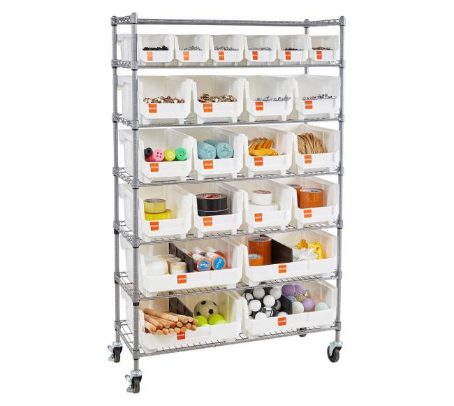 7 pakopų ratinis laikymo stelažas su 22 dėžėmis10