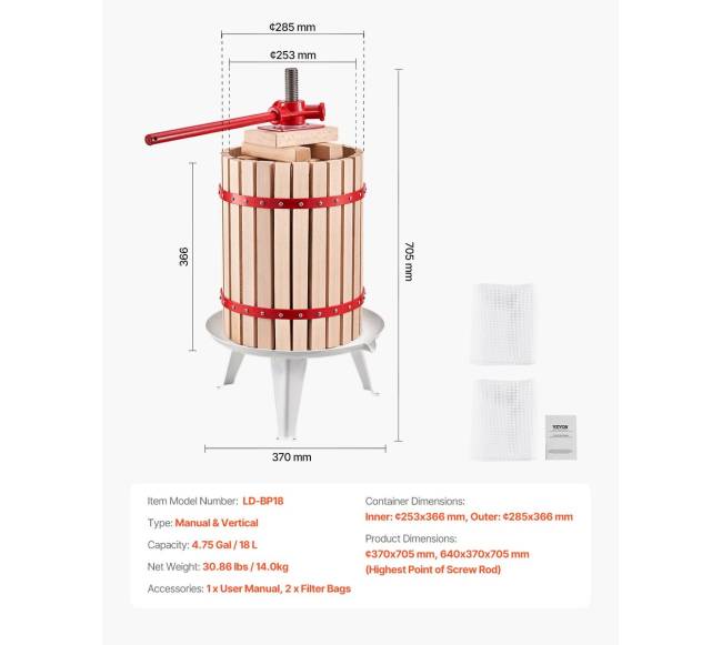 Rankinis vyno spaustuvas 18L medinio krepšio6