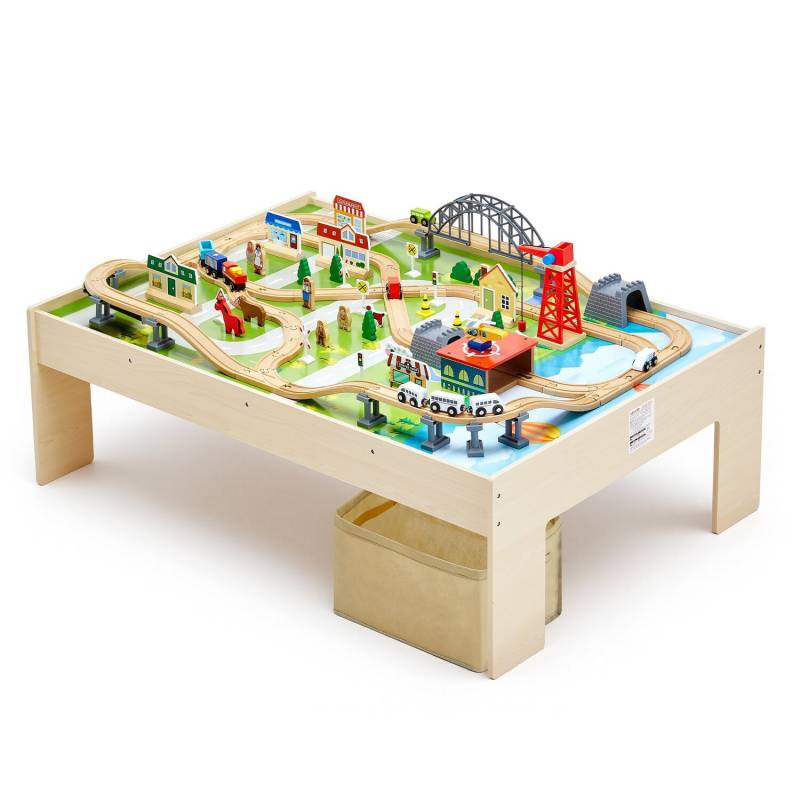 Medinis traukinių stalas su 120 dalių rinkiniu0