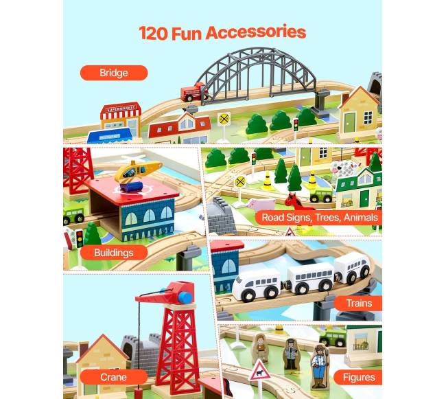 Medinis traukinių stalas su 120 dalių rinkiniu2