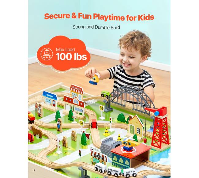 Medinis traukinių stalas su 120 dalių rinkiniu3