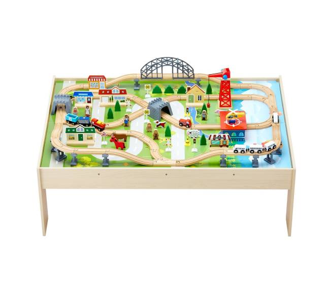 Medinis traukinių stalas su 120 dalių rinkiniu10