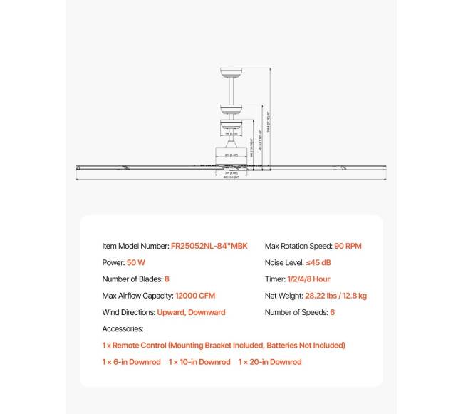 213 cm juodas aliuminis lubų ventiliatorius su nuotoliniu valdymu6