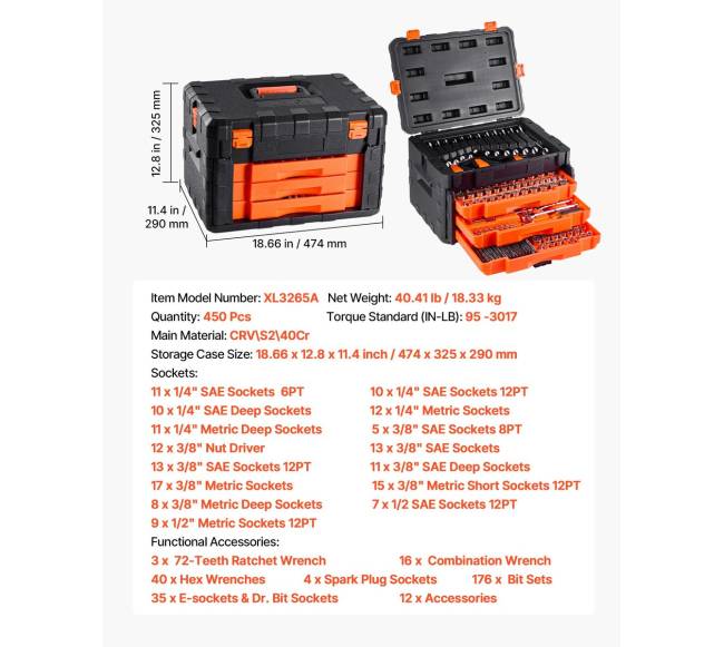 Mechanikų rinkinys su raktu ir antgaliais 450 dalių6
