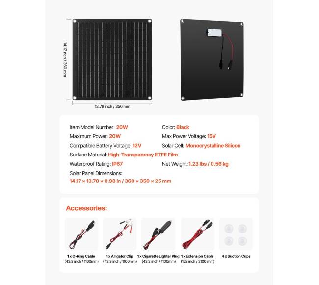 20W saulės baterija įkroviklis su valdikliu6