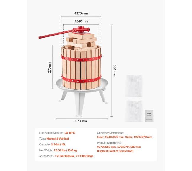 Rankų darbo vaisių vyno presas su 12L mediniu krepšiu6