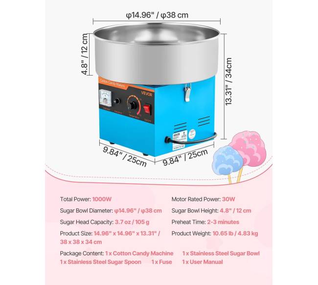Elektros cukraus vatos gaminimo mašina 1000W mėlyna6