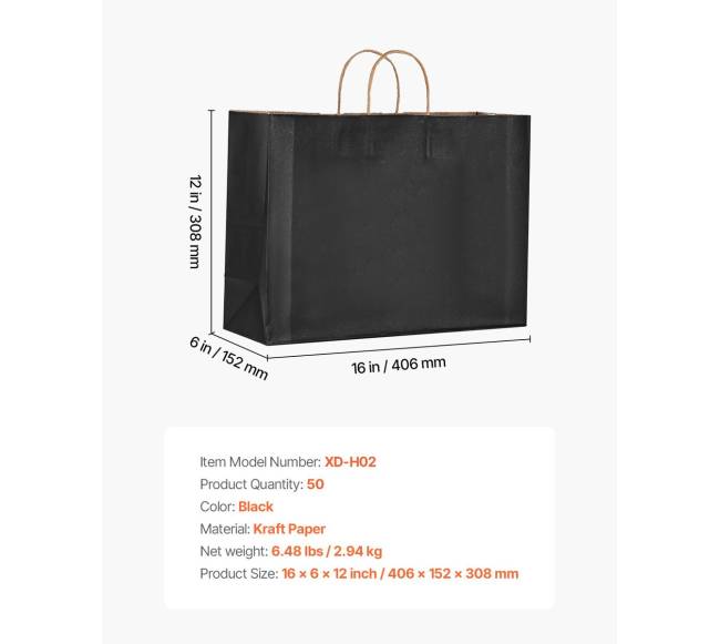 Juodos popierinės pakuotės su rankenėlėmis, 50 vnt.6
