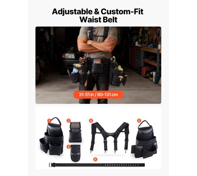 Įrankių diržas su 19 kišenių ir petnešomis2