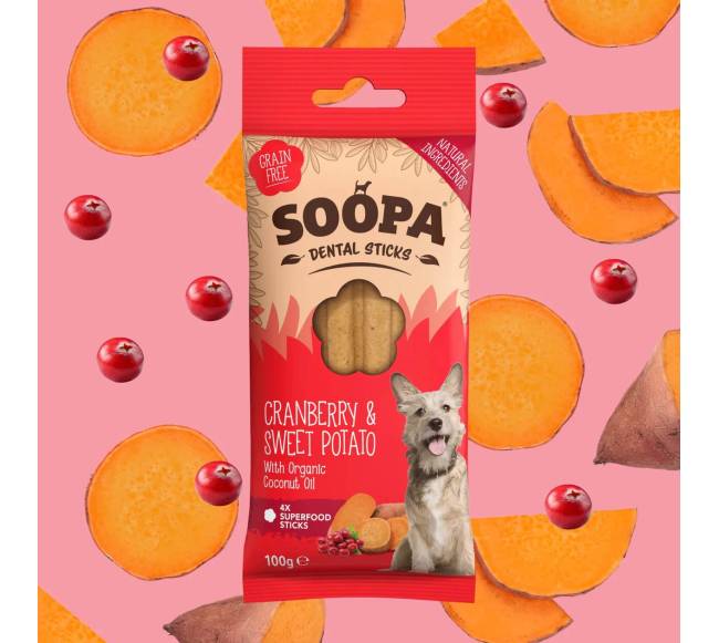 SOOPA Spanguolių ir saldžiųjų bulvių lazdelės šunims, Cranberry - Sweet Potato Dog Dental Sti0