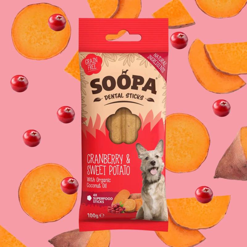 SOOPA Spanguolių ir saldžiųjų bulvių lazdelės šunims, Cranberry - Sweet Potato Dog Dental Sti0