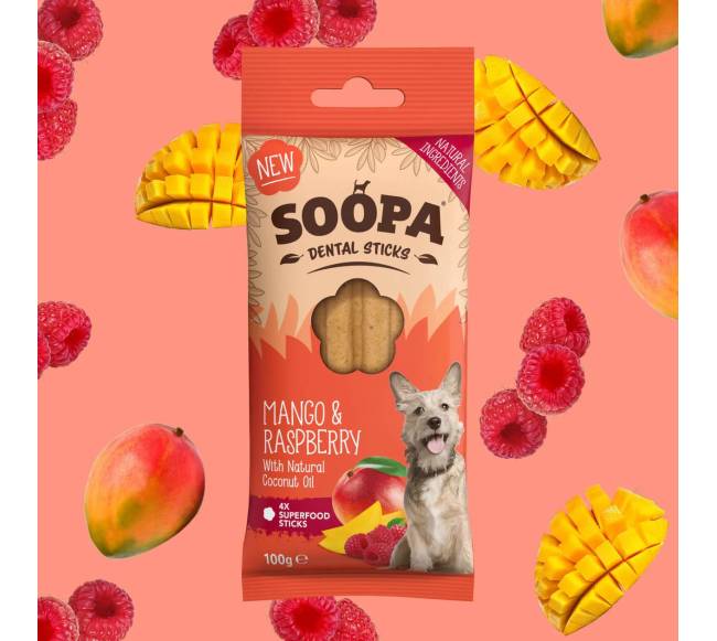 SOOPA Mango ir aviečių lazdelės šunims, Mango - Raspberry Dog Dental Sticks, 100g0