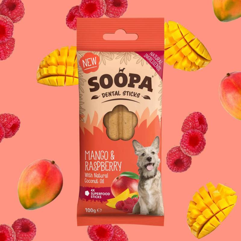 SOOPA Mango ir aviečių lazdelės šunims, Mango - Raspberry Dog Dental Sticks, 100g0