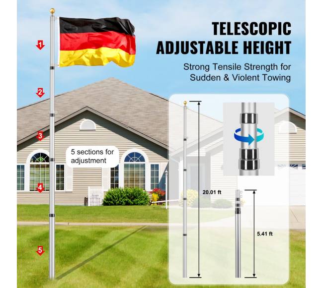 6 m teleskopinis vėliavos stiebas, aliuminis, sidabrinis2