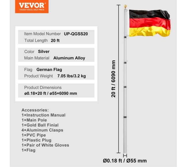 6 m teleskopinis vėliavos stiebas, aliuminis, sidabrinis6
