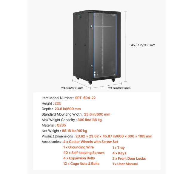 22U tinklo spinta su stiklo durimis 600 mm6