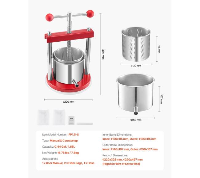 Rankinė vaisių vyno spaudyklė 1.65L6