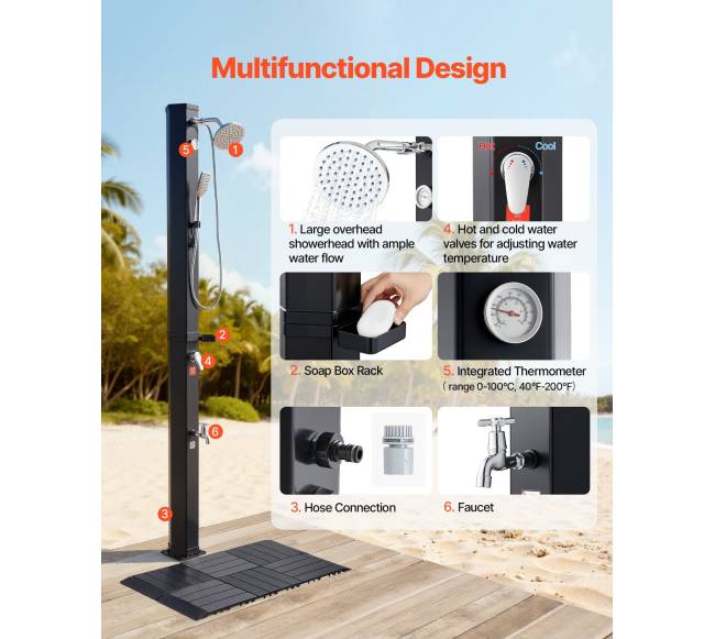 40 l saulės šildomas lauko dušas su rankiniu dušu ir grindų rinkiniu3