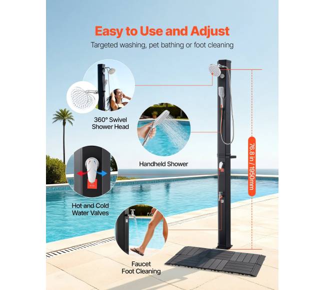 40 l saulės šildomas lauko dušas su rankiniu dušu ir grindų rinkiniu4