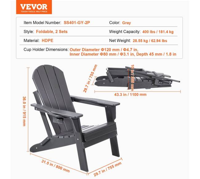 Plastikinės adirondak kėdės, pilka, 2 vnt.6