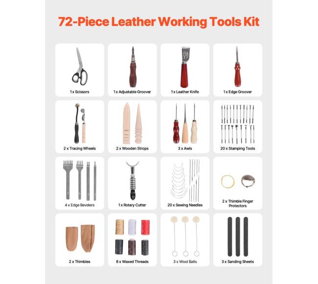 72 dalių įrankių komplektas odos darbams1