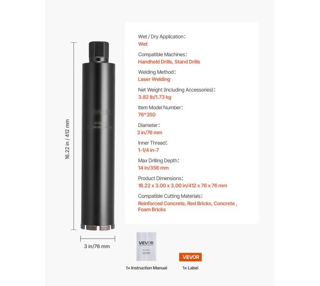 Šerdinė grąžto galva, 76 mm, 356 mm gylis6