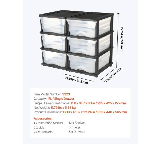 2 plastikinės stalčių dėžės su 6 stalčiais6