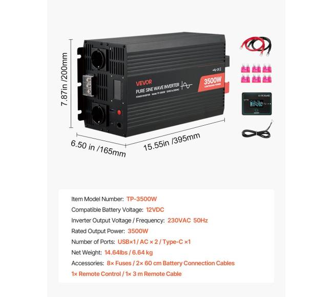 3500W galios keitiklis, 12V DC iki 230V AC6