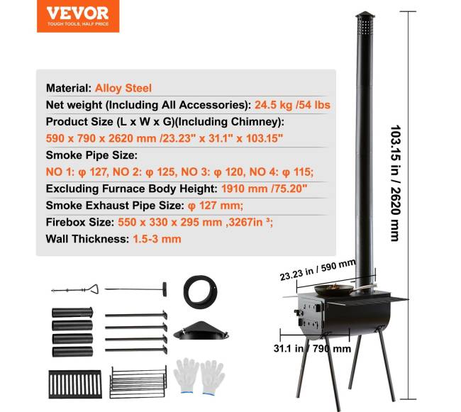 Nešiojama plieninė krosnelė su kamino vamzdžiais6