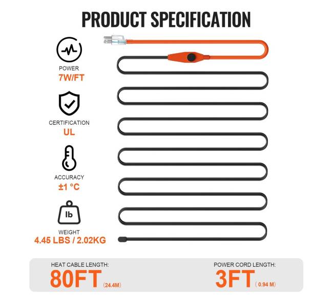 Vamzdžių šildymo kabelis su termostatu 25m6