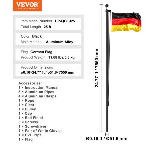 Atskiriamas 7,6 m aliuminio vėliavų stiebas6