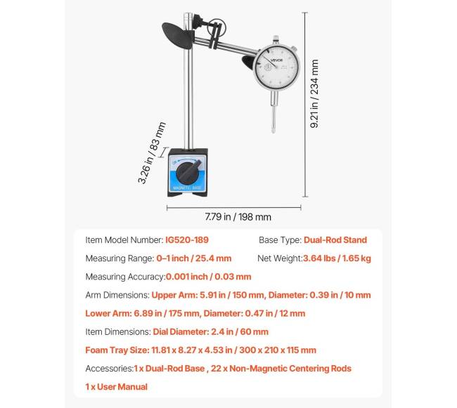 Indikatorius su stovu ir dėklu, tikslumas 0,03 mm6