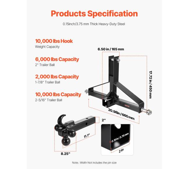 3 taškų traktoriaus priekabos kablys su 2 colių lizdu2