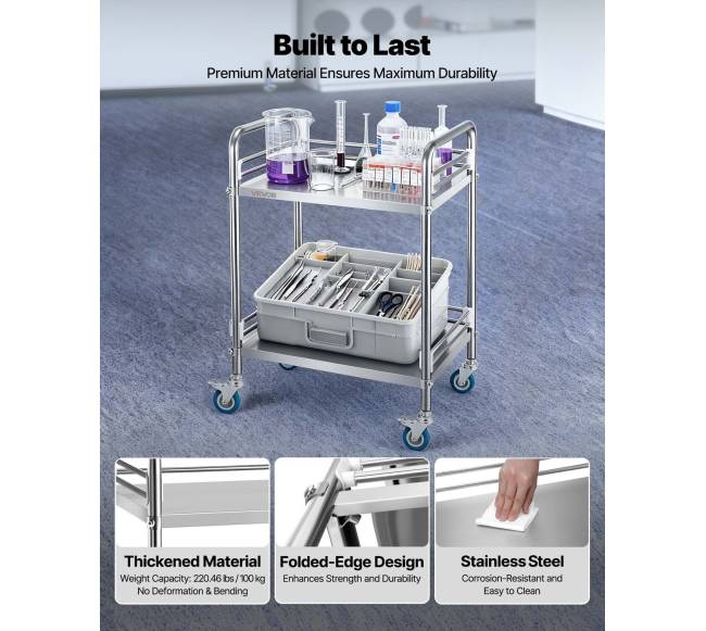 Nerūdijančio plieno vežimėlis su 2 lygių ratukais1