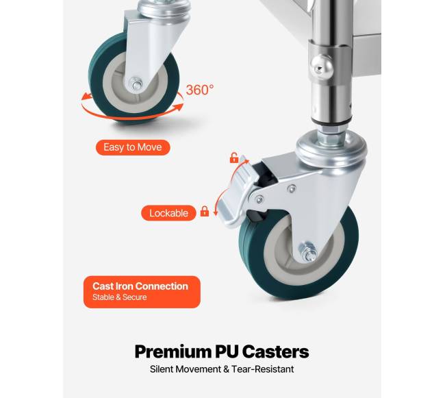 Nerūdijančio plieno vežimėlis su 2 lygių ratukais3