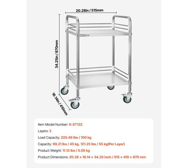 Nerūdijančio plieno vežimėlis su 2 lygių ratukais6