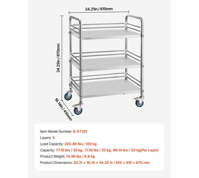 Nerūdijančio plieno vežimėlis su 3 aukštais6