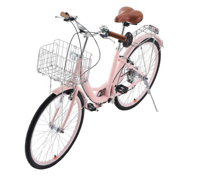 26 colių rožinis kranto dviratis su krepšiu0