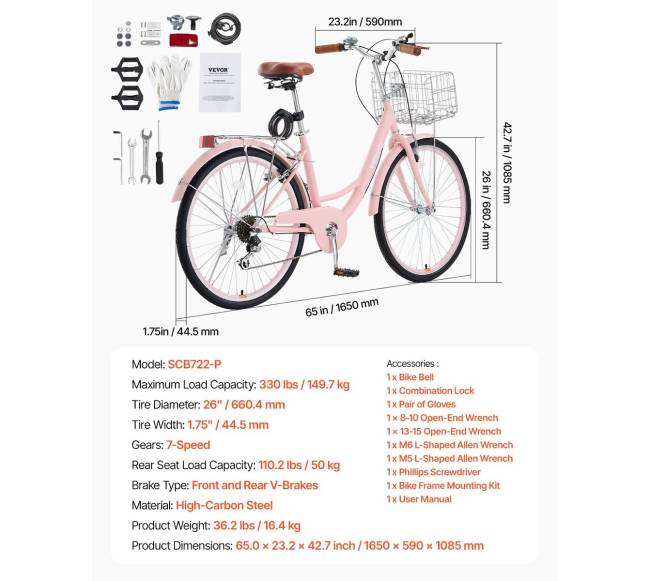 26 colių rožinis kranto dviratis su krepšiu6