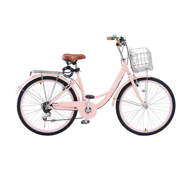 26 colių rožinis kranto dviratis su krepšiu9
