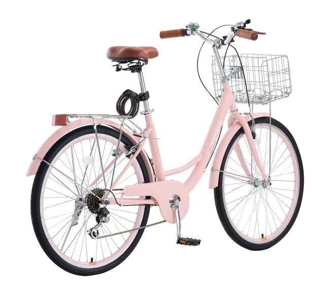 26 colių rožinis kranto dviratis su krepšiu10